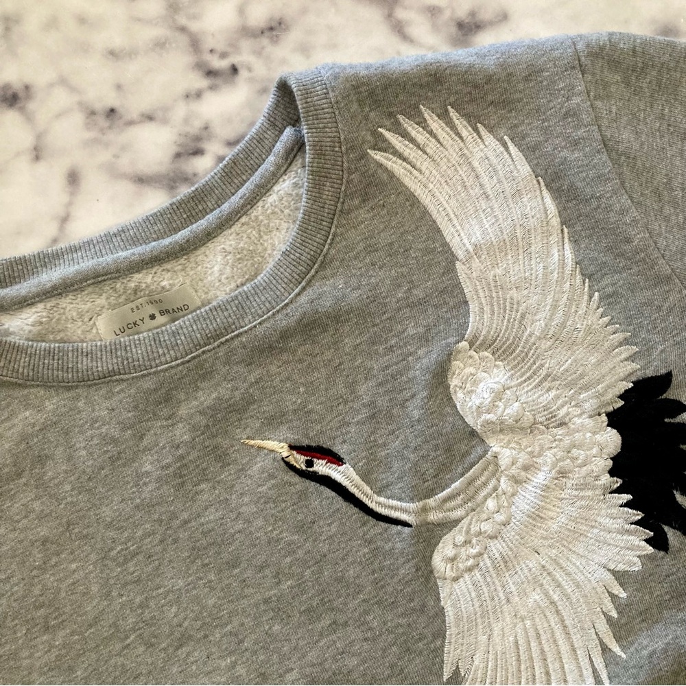 Lucky Brand Heather Grey Sweatshirt with Embroidered Crane